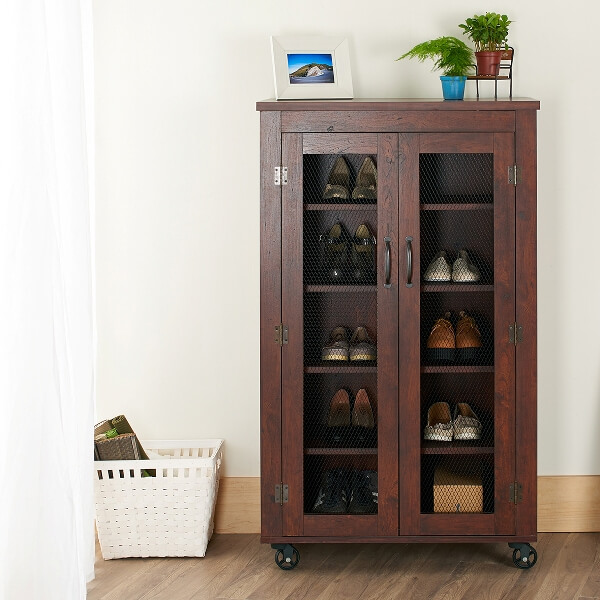 Teak Wood Vintage Shoe Rack - On Wheels - Otium Living